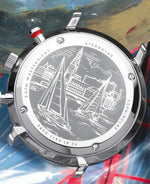 popup|Regatta engraving on the case back|As is typical for STERNGLAS timepieces, the engraving here is also a real eye-catcher: it shows two sailing boats on the Outer Alster. A symbol of adventure and our connection to our home city of Hamburg.