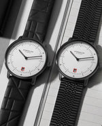 popup|New edition strap Bauhaus|The Bauhaus edition strap - made in Germany - stands out with its striking Bauhaus pattern on the upper side of the black calfskin.