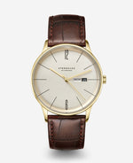 popup|Curved vintage-style dial|Inspired by the Berlin train station in Hamburg over 150 years ago, the dial is reduced and kept clear. The fine satin finish gives the dial with its delicate indices a timeless classic look.