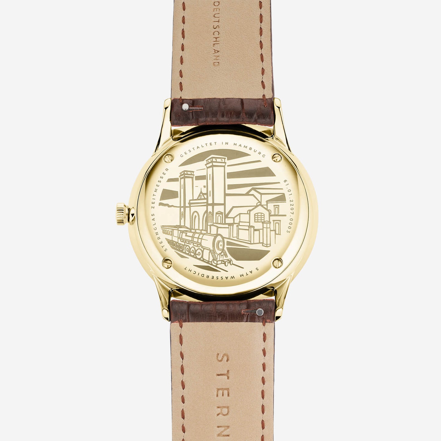 popup|Engraving of the eponymous "Berlin Train Station"|The precisely screwed case back with an engraving of the Berlin train station ensures water resistance of up to 5 ATM. After its construction in 1857, it was the westernmost terminal station of the railway connection between Hamburg and Berlin for 46 years.