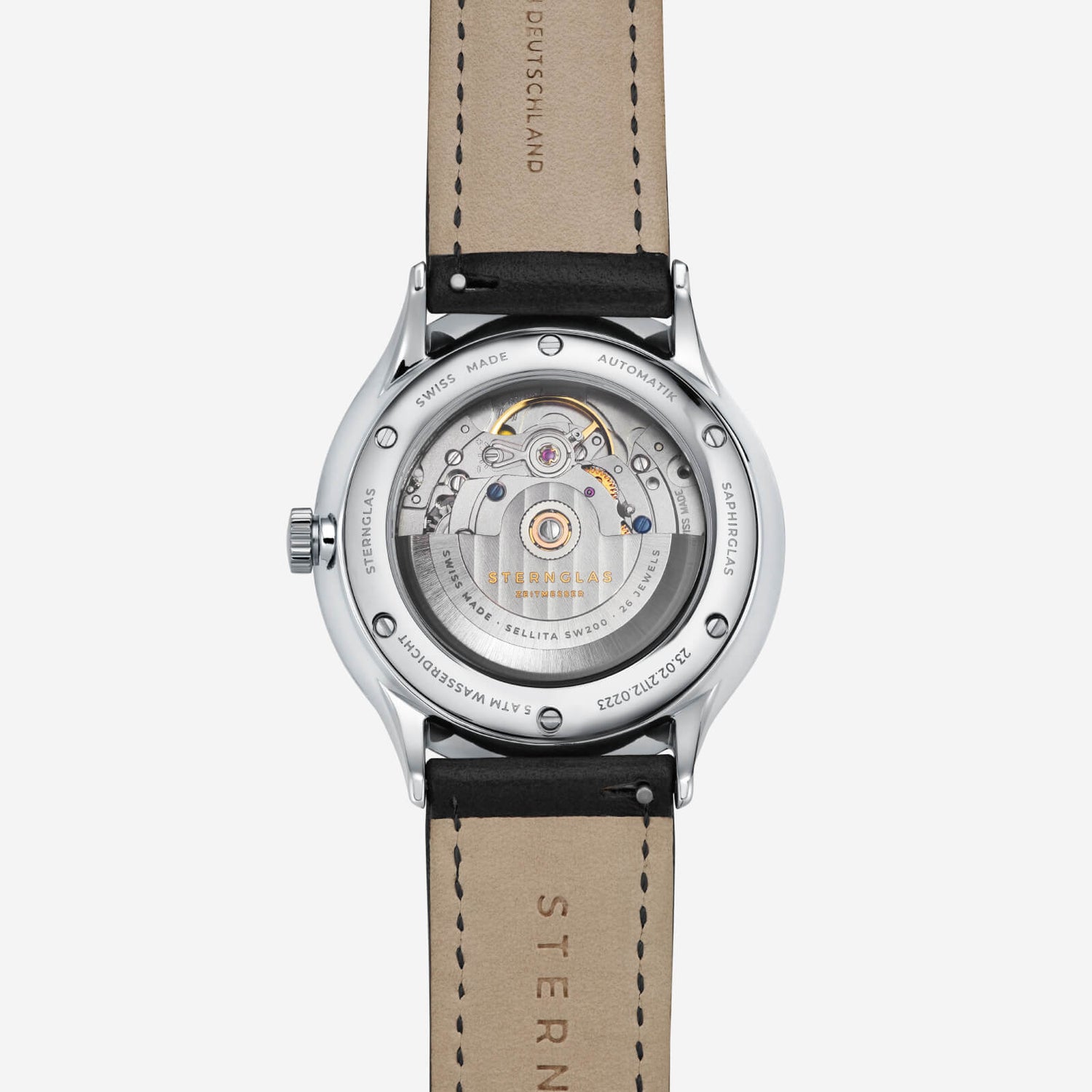 popup|Sapphire crystal back|Through the viewing window made of scratch-resistant sapphire crystal, you can watch the nobly engraved rotor as it brings the precision mechanics to life.