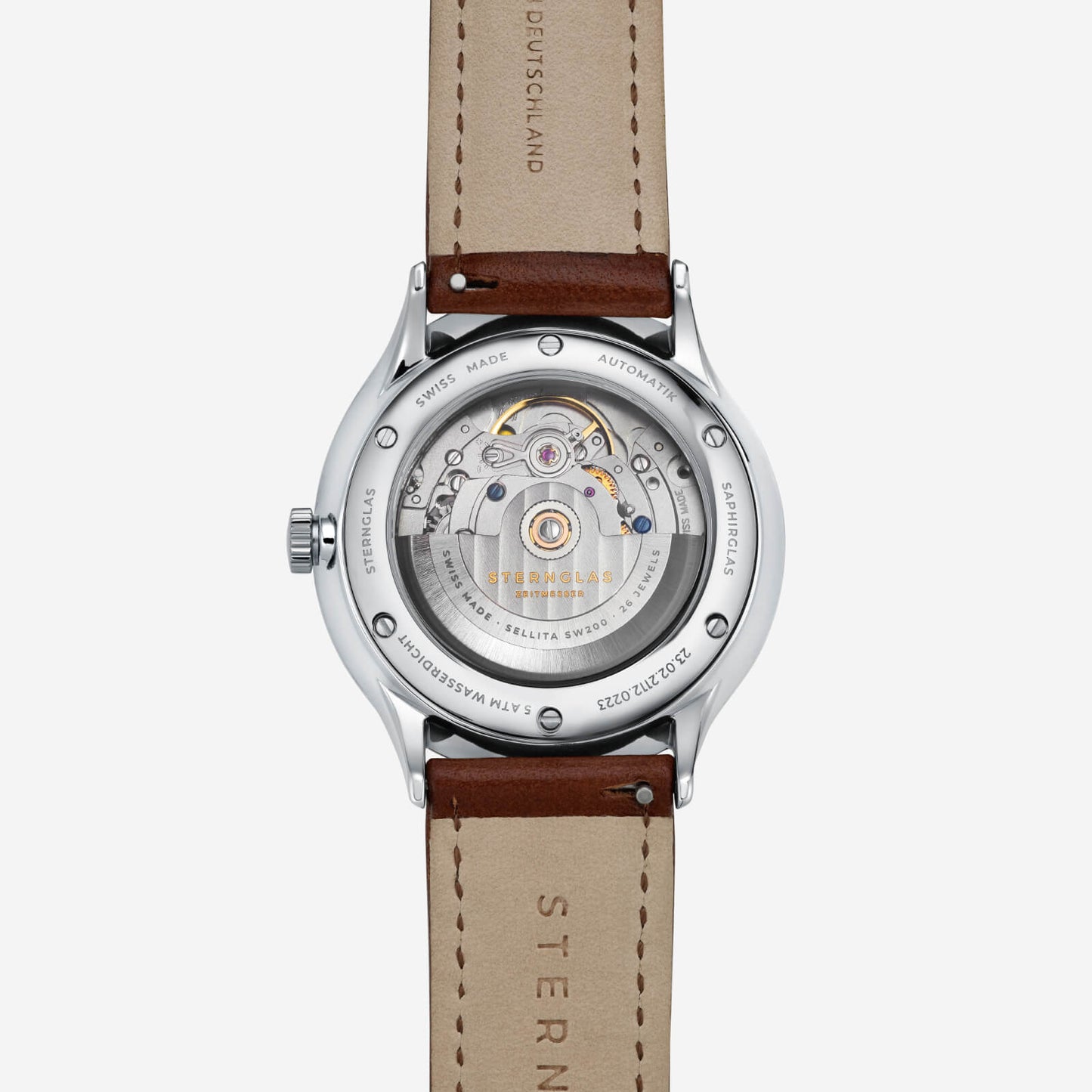 popup|Sapphire crystal back|Through the viewing window made of scratch-resistant sapphire crystal, you can watch the nobly engraved rotor as it brings the precision mechanics to life.