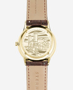 popup|Engraving of the eponymous "Berlin Train Station"|The precisely screwed case back with an engraving of the Berlin train station ensures water resistance of up to 5 ATM. After its construction in 1857, it was the westernmost terminal station of the railway connection between Hamburg and Berlin for 46 years.